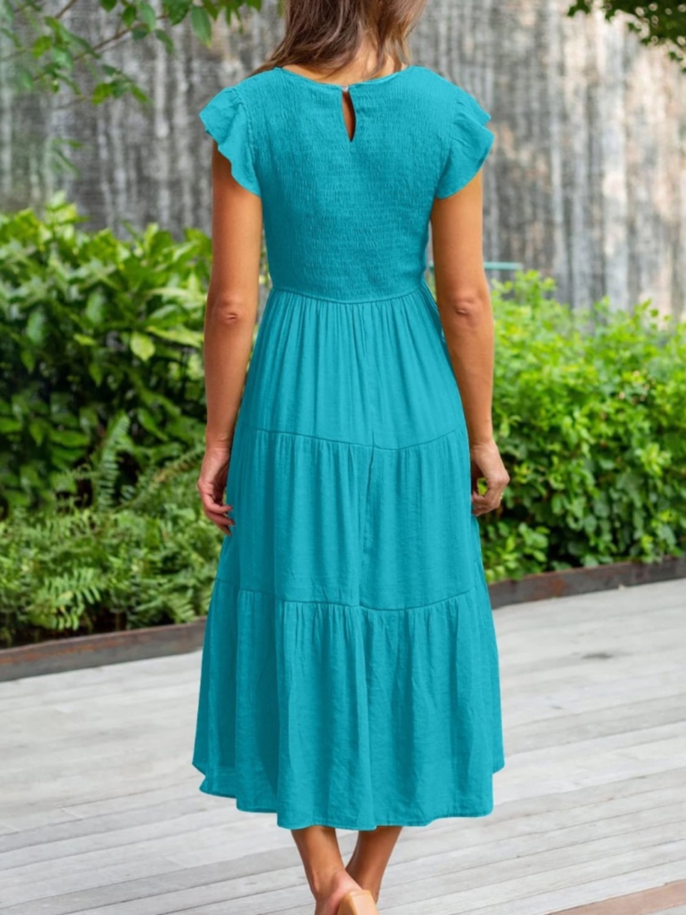 Teal Smocked Midi Dress | Flutter Sleeve | Size Medium | Summer Vacation Dress 👗 - Picture 2 of 9